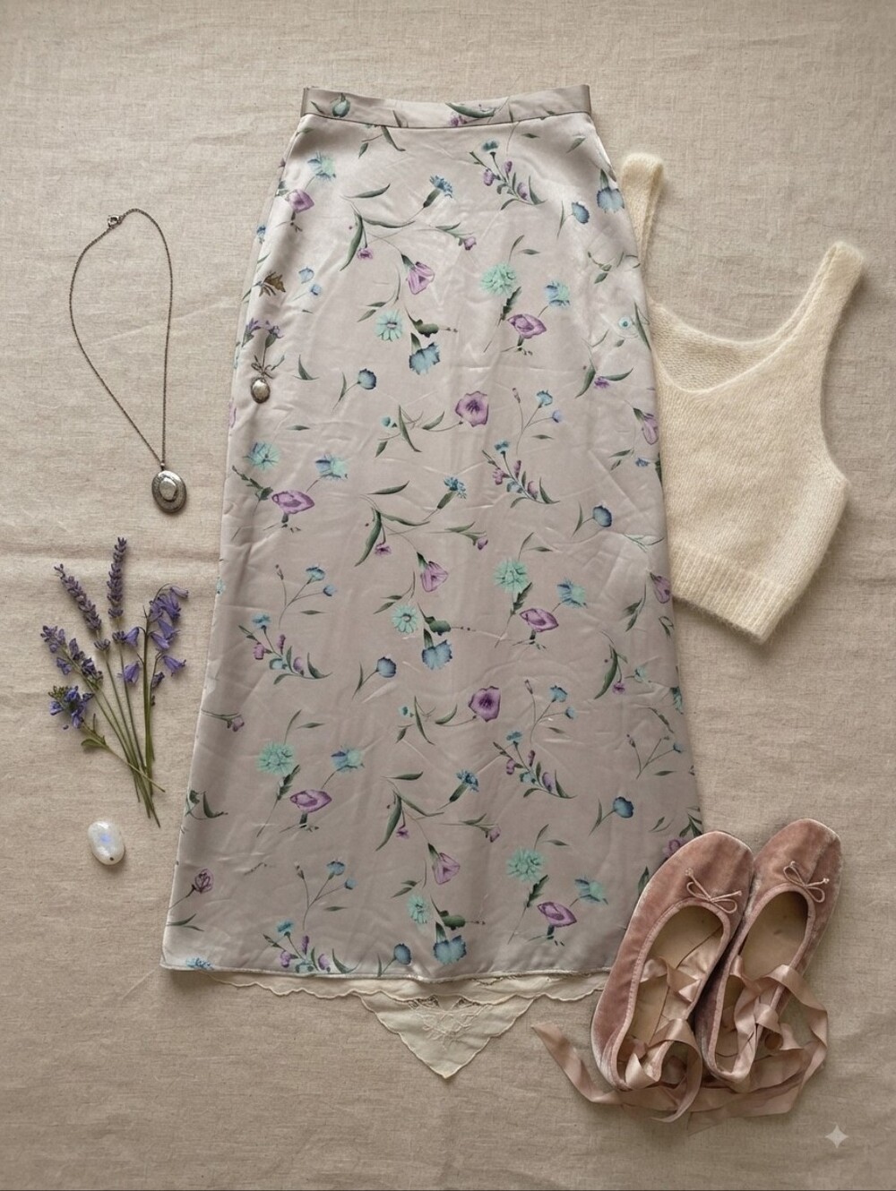 90s Exact Change Silver Skirt With Teal Purple Floral Print